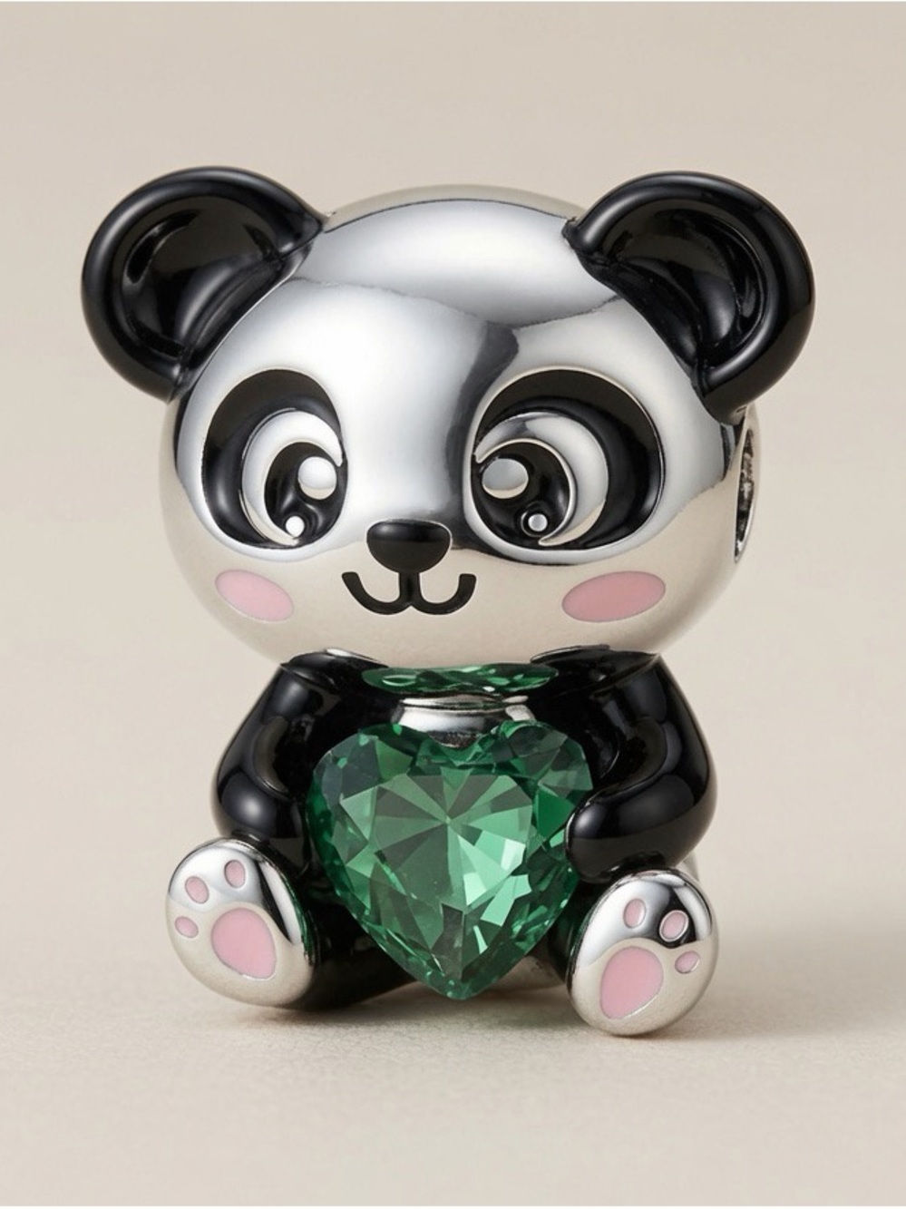 Sterling Silver Panda Charm Holding Green Heart Crystal